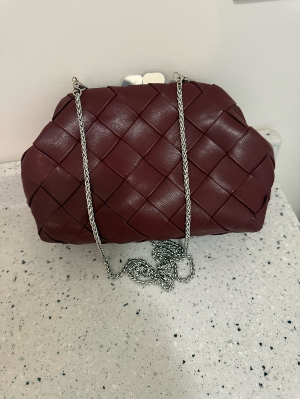 Moda Luxe Woven Clutch in Burgundy with Silver Chain‎
